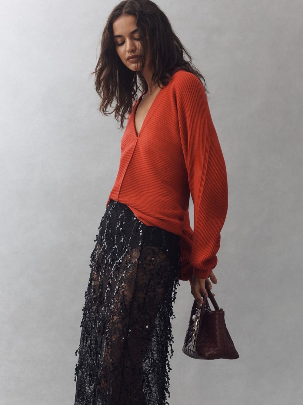 Anthropologie Maeve Plunge Neck Seamed Sweater, Red – Size Medium